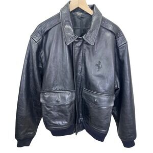 Y2K Ferrari Branded Mens Size XL Italian Leather Bomber Jacket Black VTG Racing